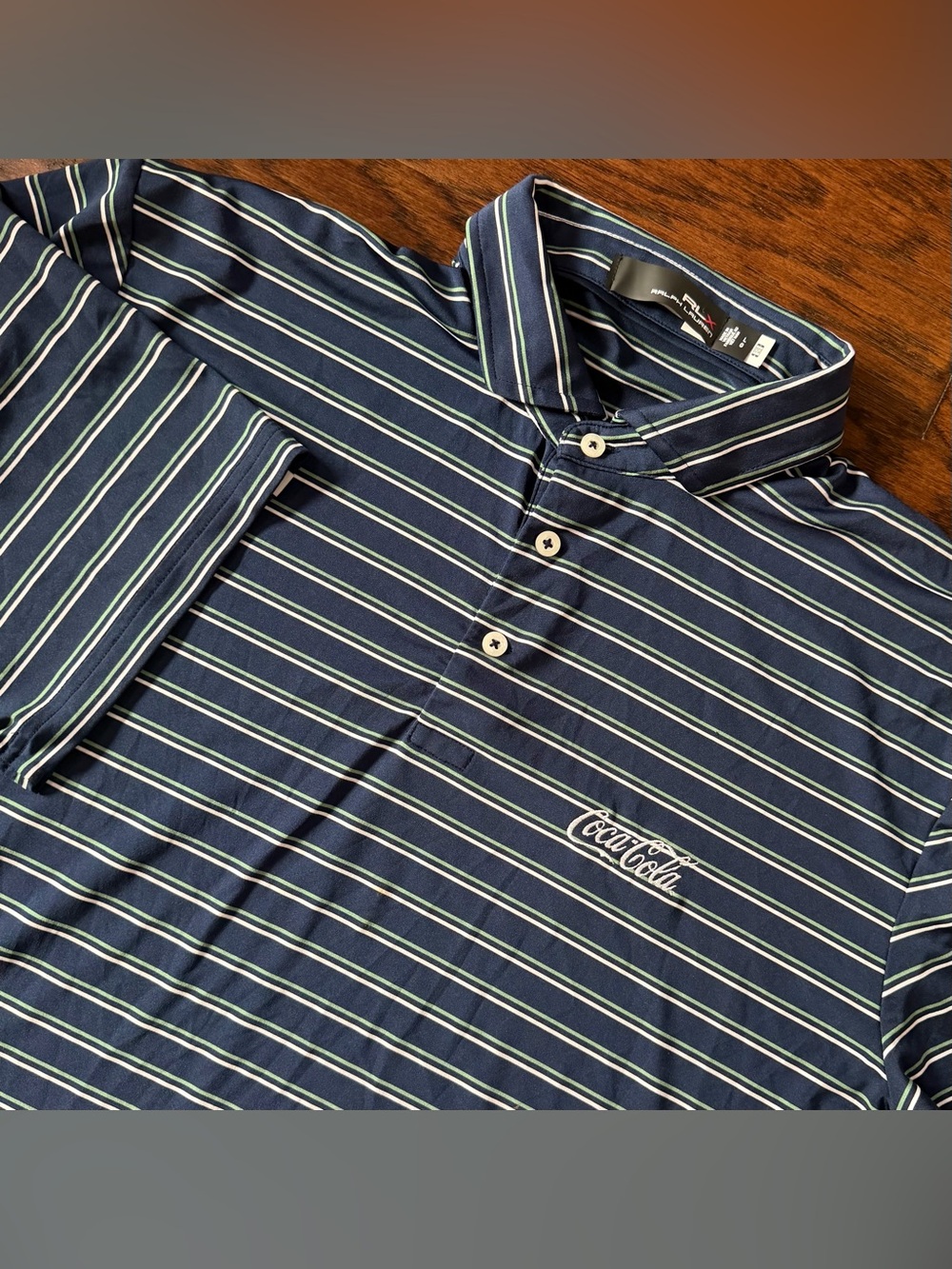 RLX Ralph Lauren Men’s Performance Polo Shirt Blue Striped Large Coca Cola Logo